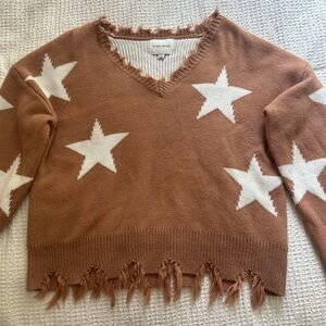 Pink Rose V-Neck Brown and White Fringe Star Sweater Size Large